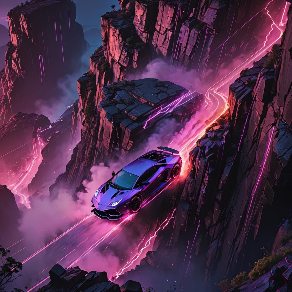 Cyberpunk Lamborghini Flies Off Cliff in Neon Glow