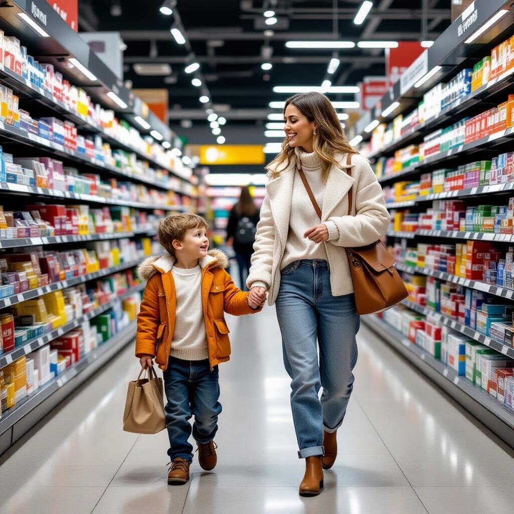 Children Shopping with Mother in Supermarket: Minimalist Sty...