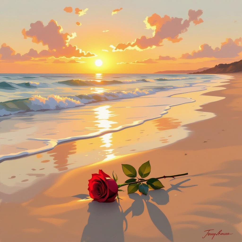 Impressionistic Sunset Beach Scene with Red Rose