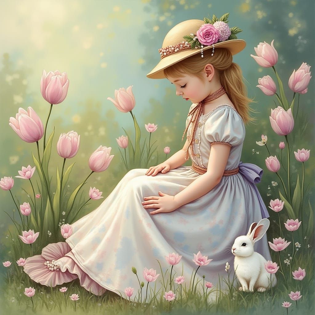 Elegant European Woman in Pastel Robe with Rabbit