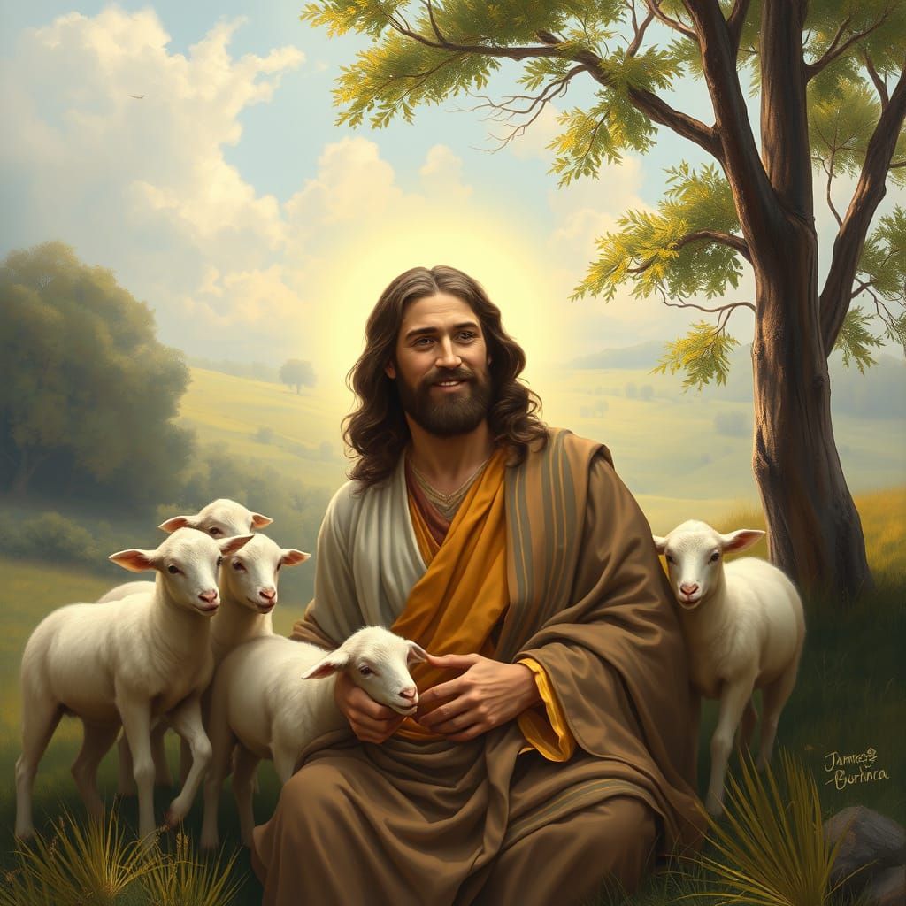 Jesus Tending Lambs in Serene Landscape