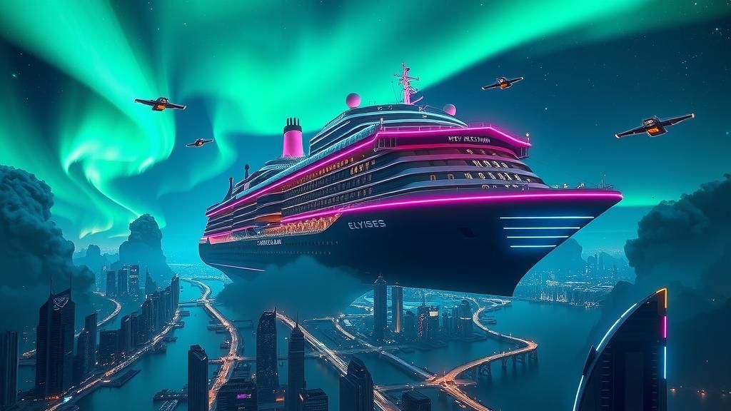 Cyberpunk Cruise Ship Soaring Under Aurora Borealis