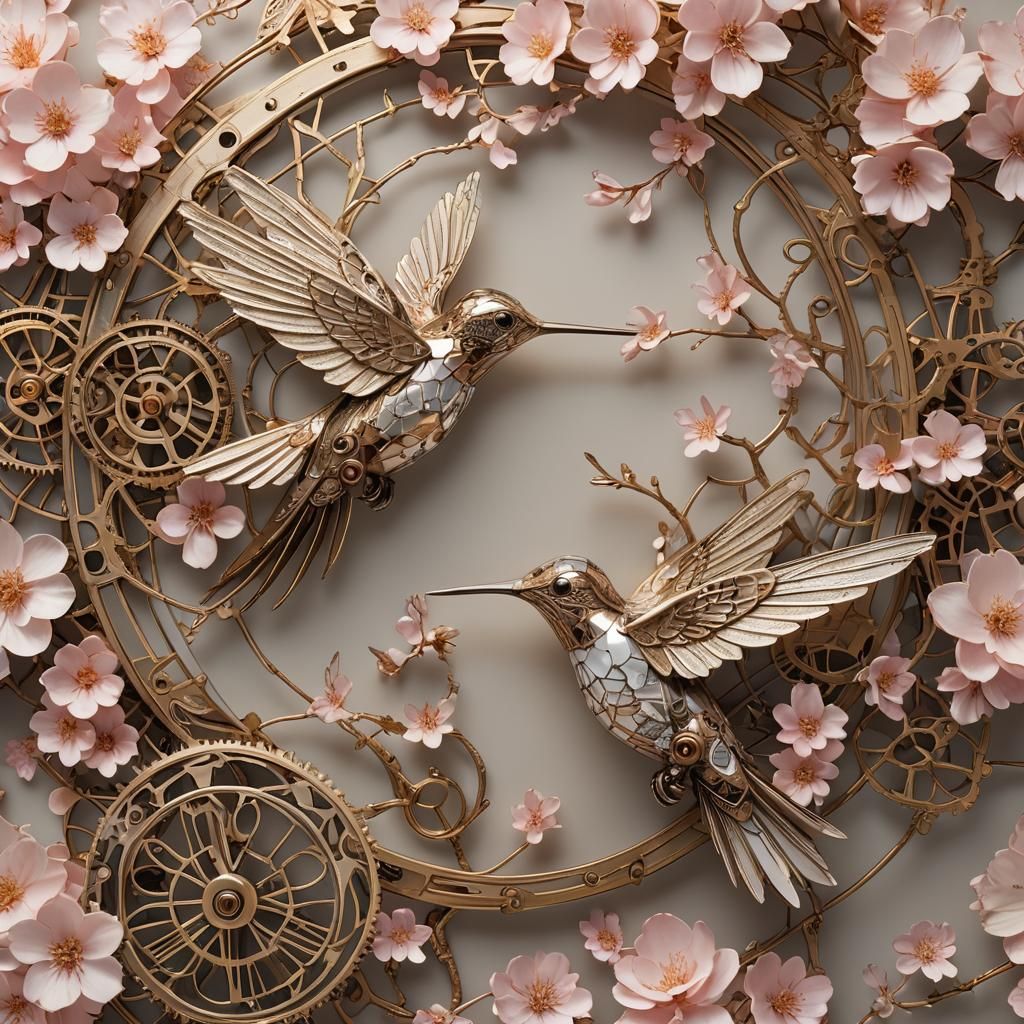 Clockwork Hummingbird and Cherry Blossoms