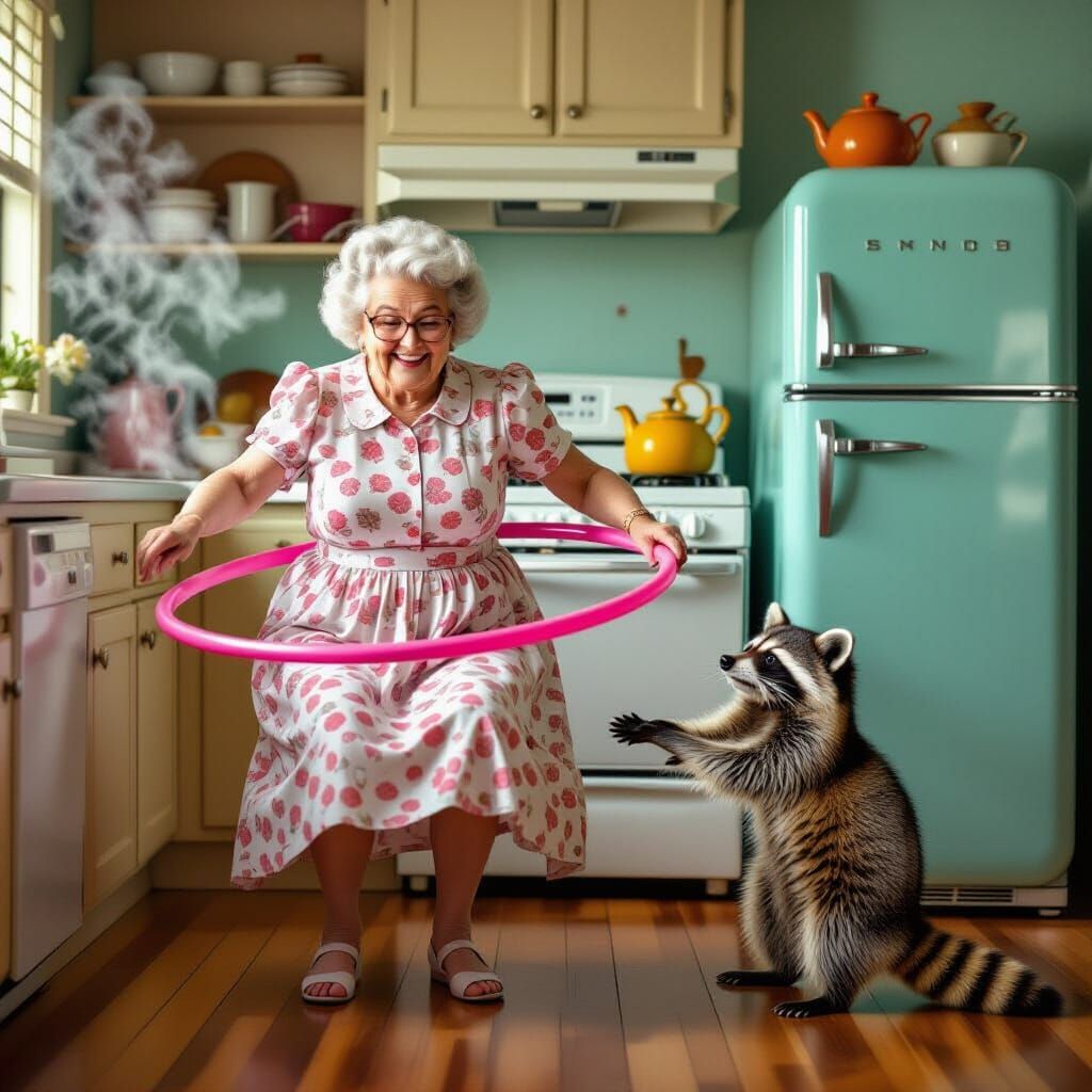 Joyful Grandma Hula Hooping in Retro Kitchen