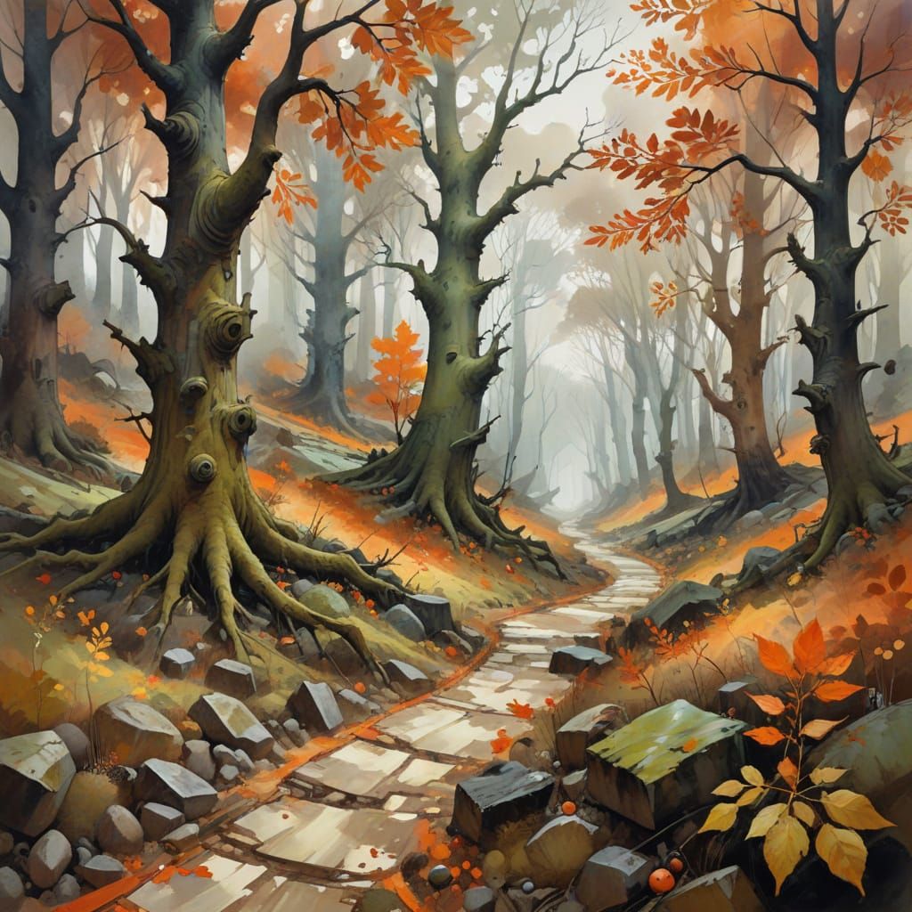 Autumn Woodland in Expressionist-Abstract Style