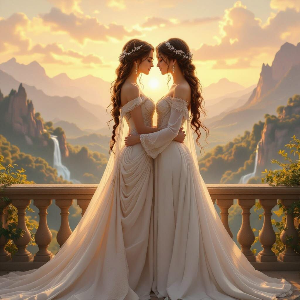 Fantasy Women Embrace on Castle Balcony