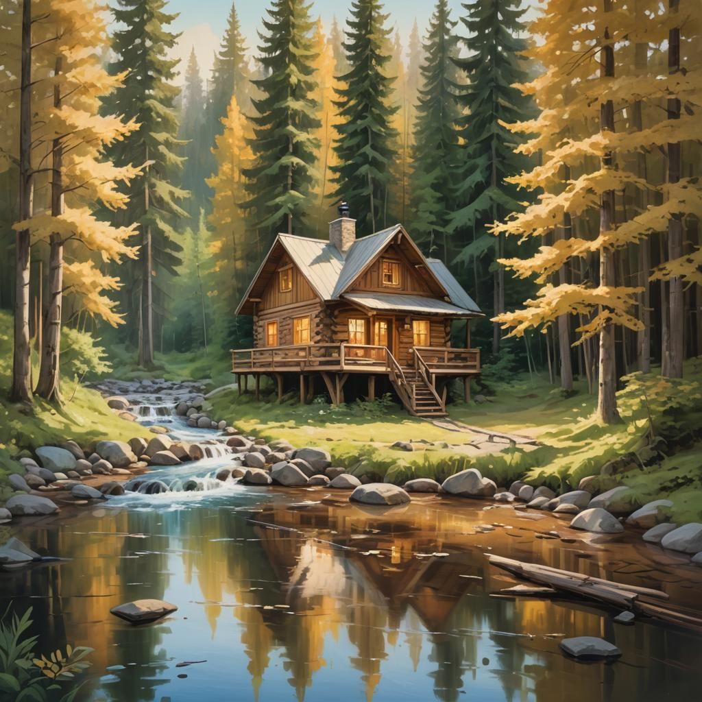 Cozy Cabin in Forest Landscape Painting