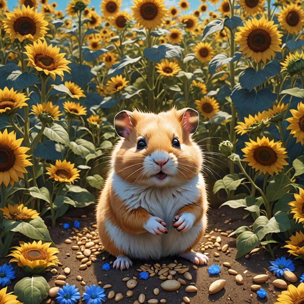 A cute goldhamster sitting on the ground surrounded by bloom...