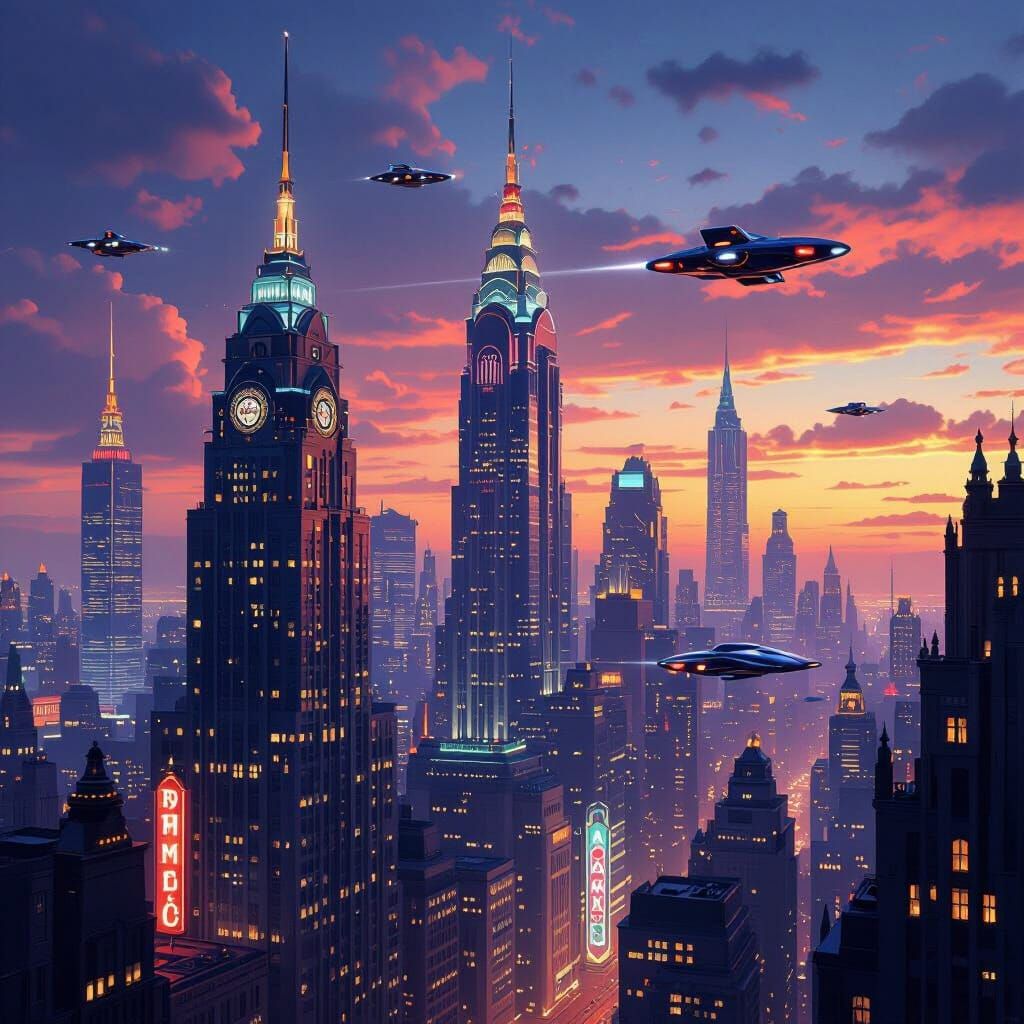 Art Deco Cityscape at Twilight in Retro-Futuristic Style