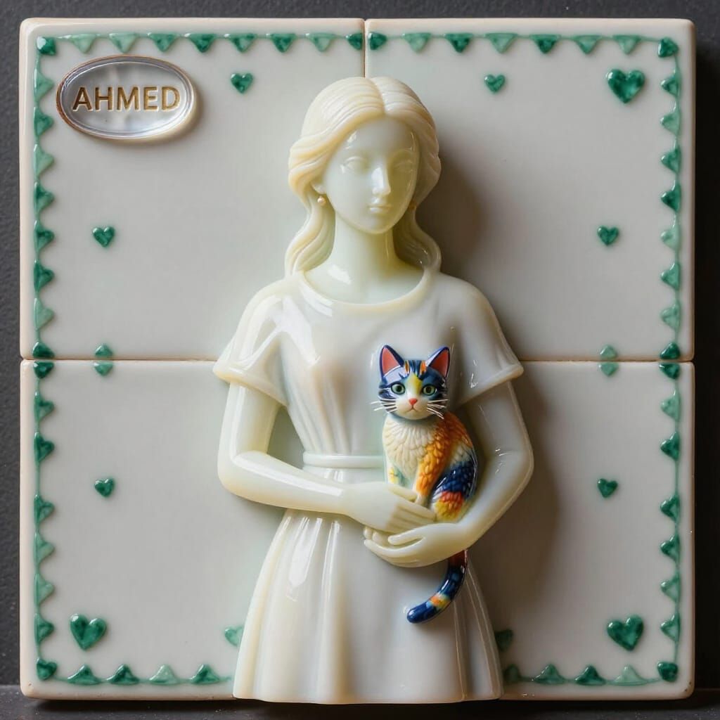 3D Wax Sculpture of Elegant Woman Holding Cat