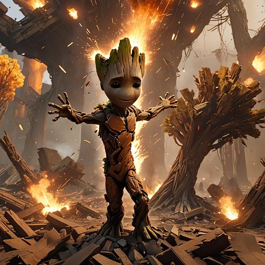 Baby Groot Dances in Fiery Explosion: 3D Game Art
