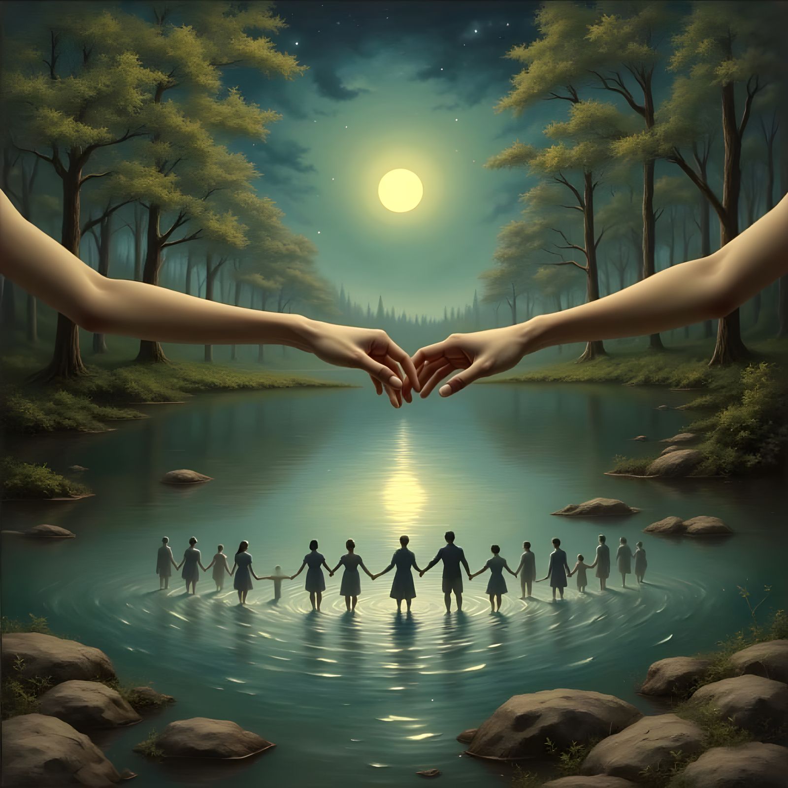 Surreal Hands Float Across the Water in a Vibrant Colorful A...