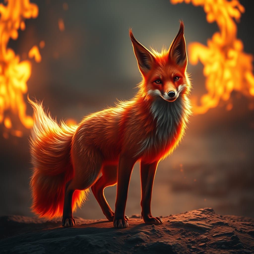 Realistic Nine-Tailed Fox With Fiery Aura