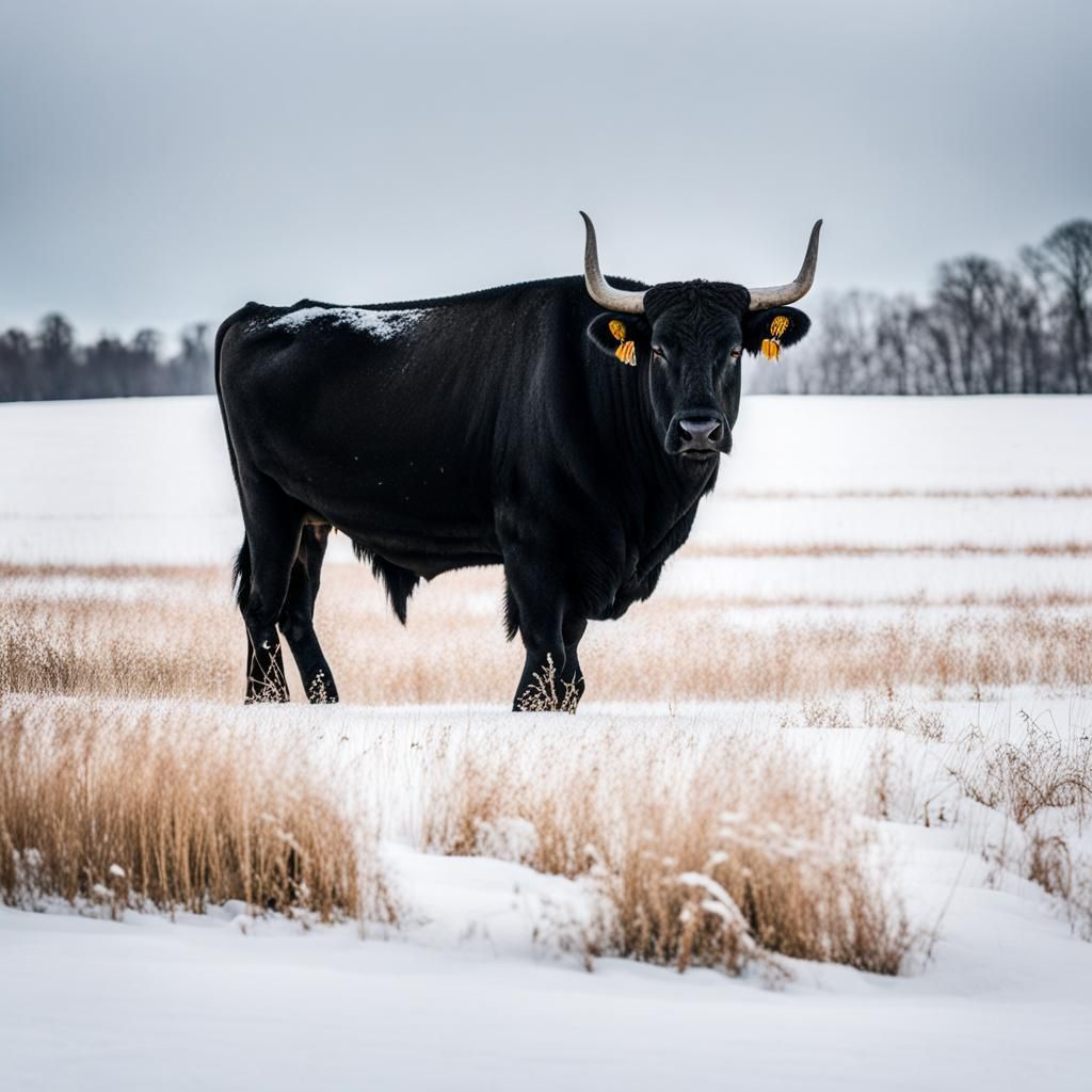 Black Angus Bull in Snowy Field
