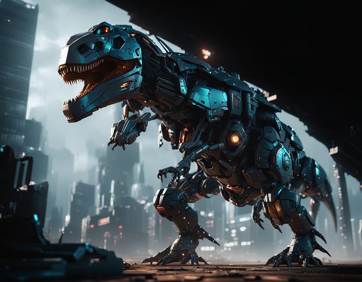 Futuristic Cyber Dinosaur in Sci-Fi Cityscape