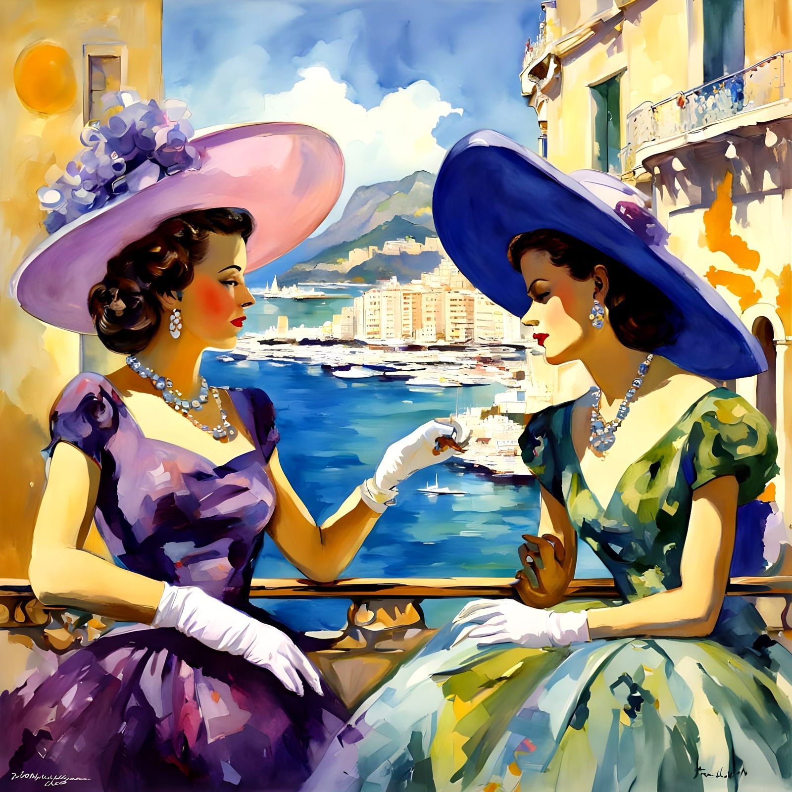 Elegant Ladies in Monaco Fantasy Scene, 1940s Style, Whimsic...