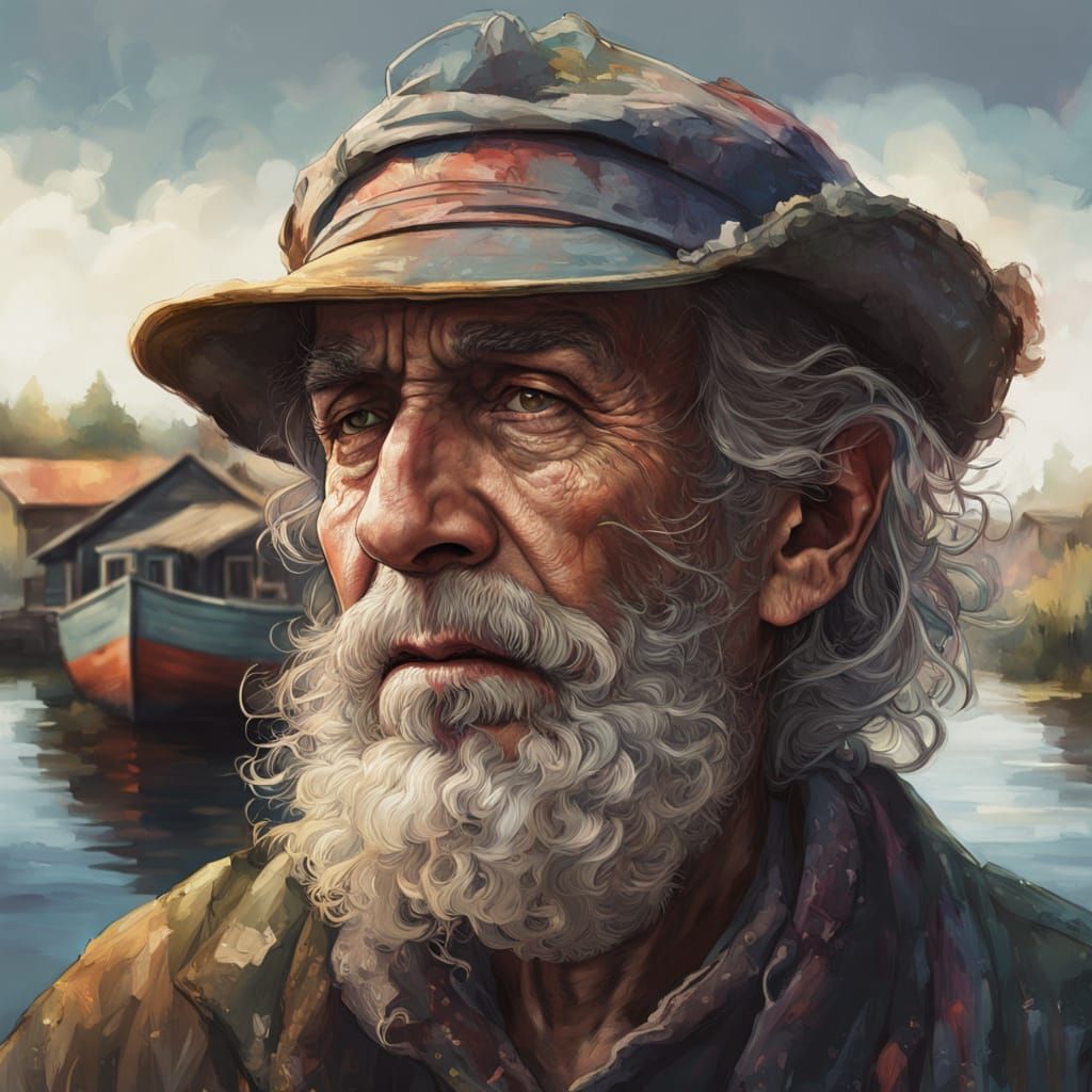 Venerable Fisherman Amidst a Summer Lake Scene