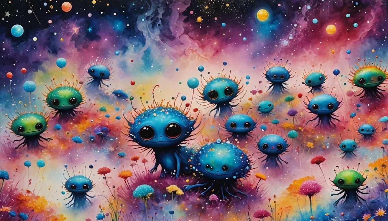 Furry Aliens in Glittery Cosmic Oasis as Painting
