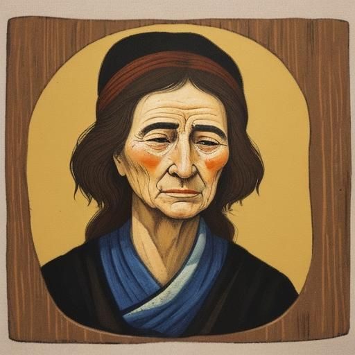 Crying Old Woman in Naive Folk Art Style