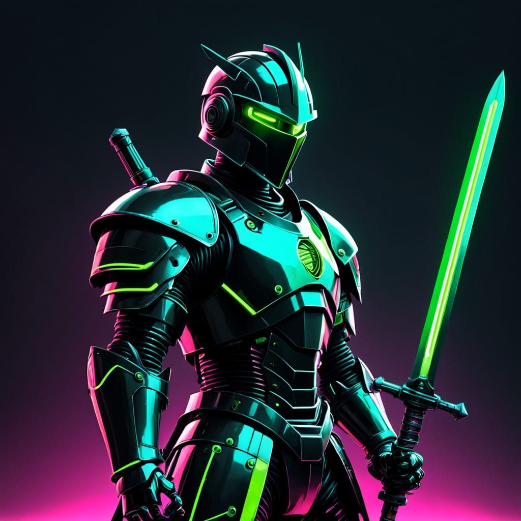 Neon Robot Knight Wields Vibrant Longsword