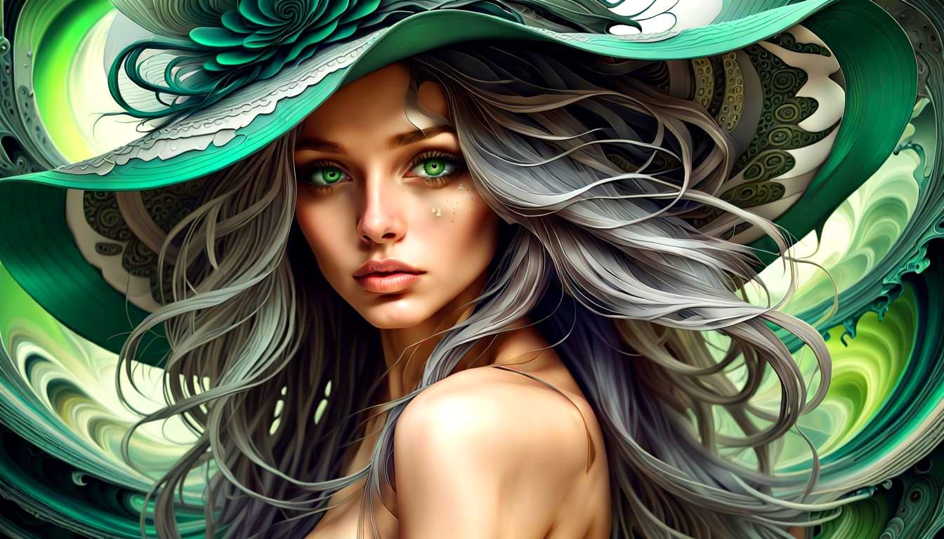 Grayscale Green-Eyed Lady with Flowing Hair