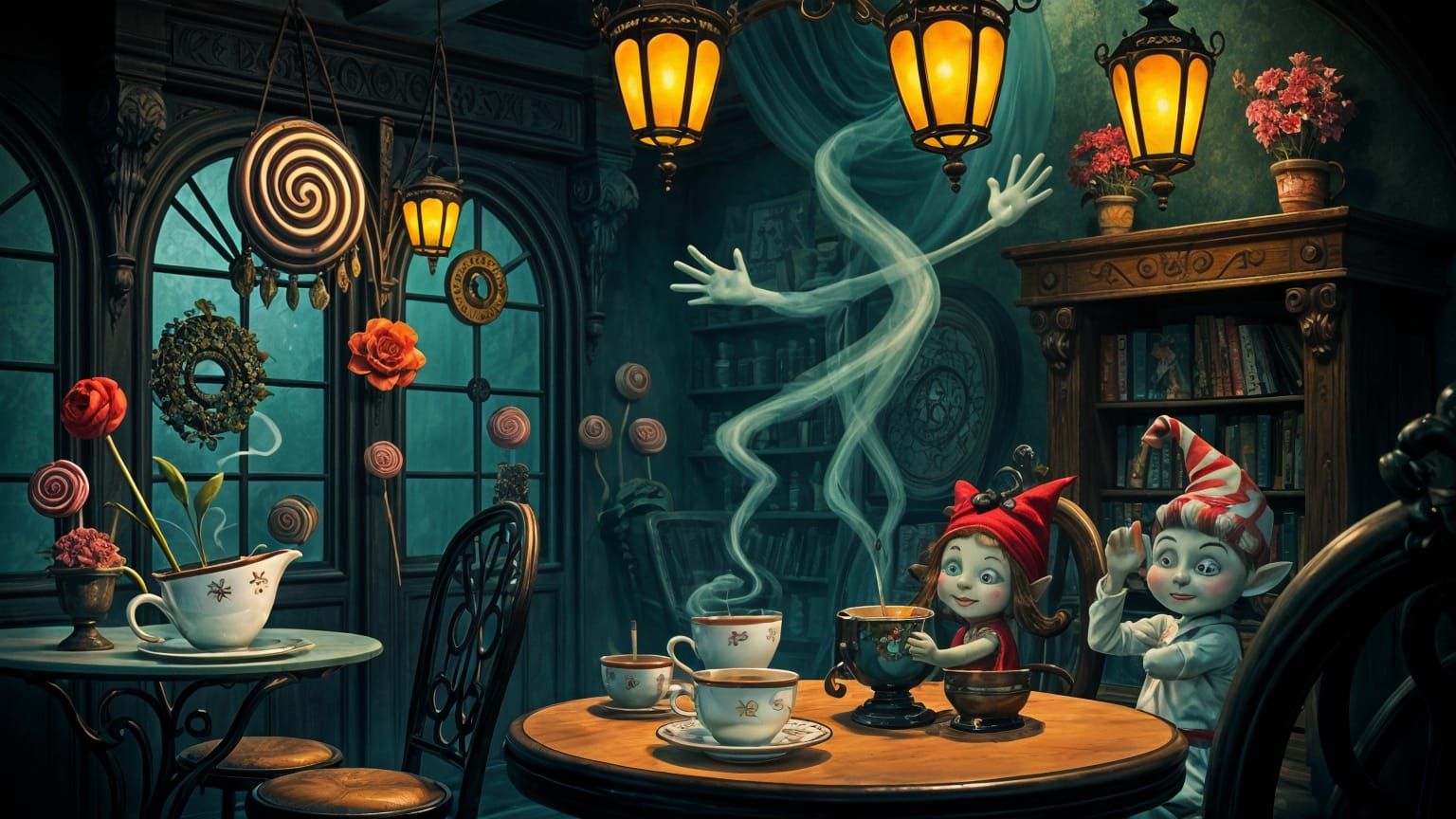Enchanted Cafe with Dancing Cups and Elves