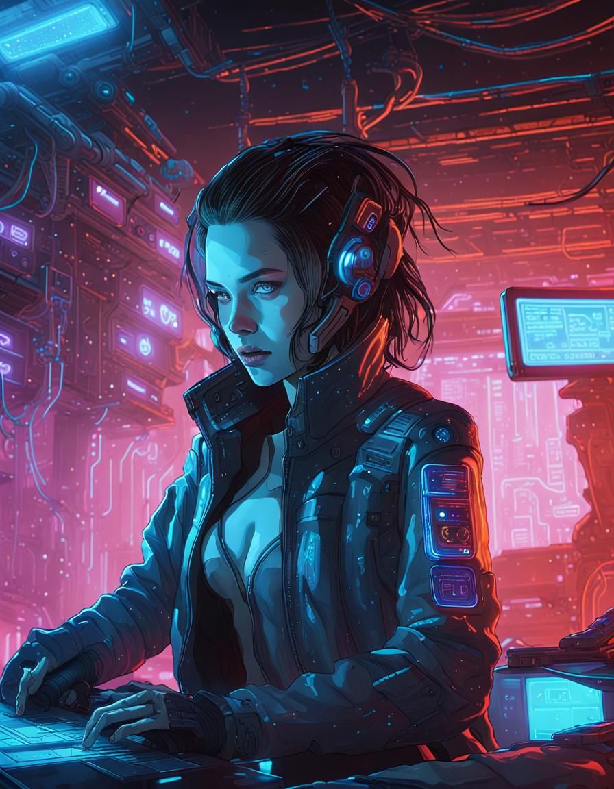 Android Hacker in Neon-Drenched Cyberpunk Scene