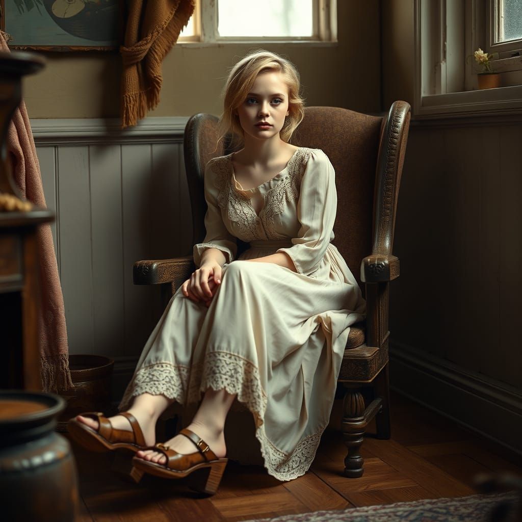 Ethereal Teenage Girl in Cozy, Dimly Lit Room
