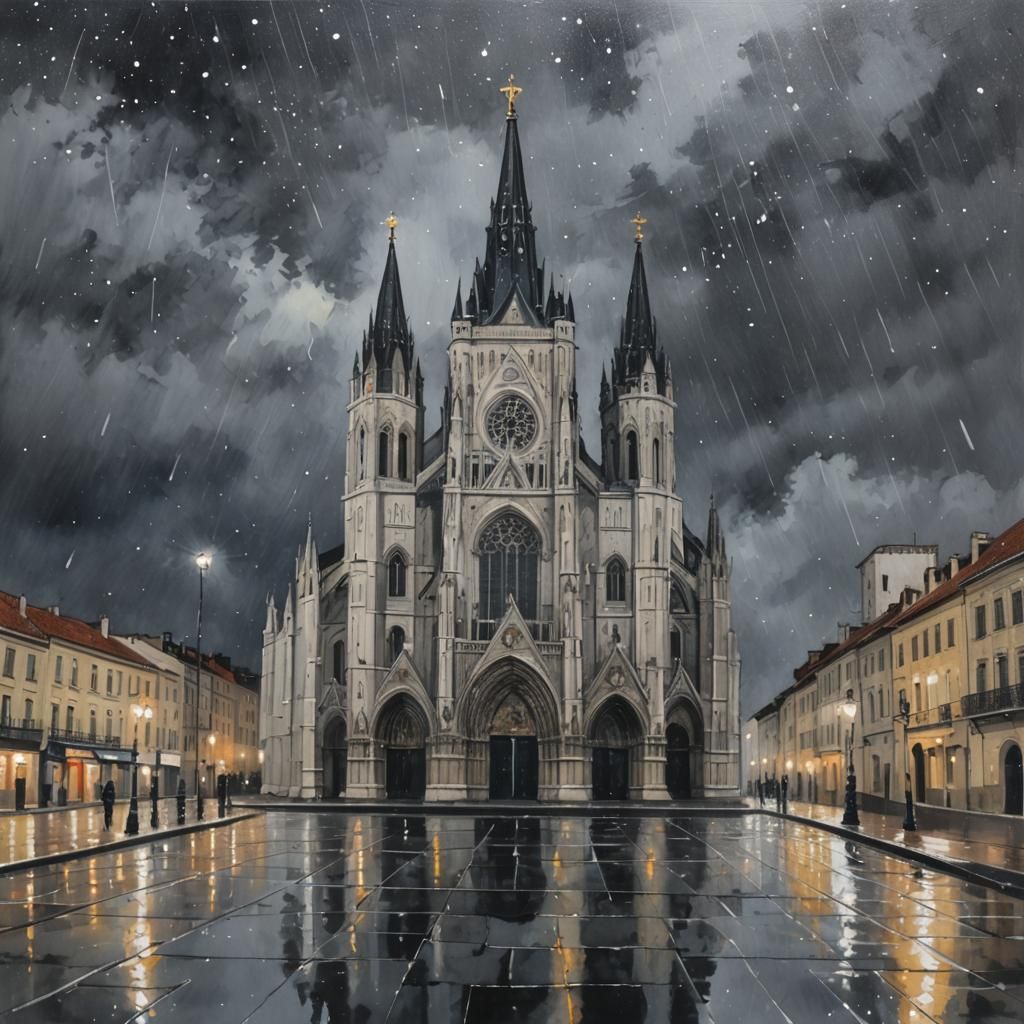 Leon Cathedral: Gouache Painting under Starry Night