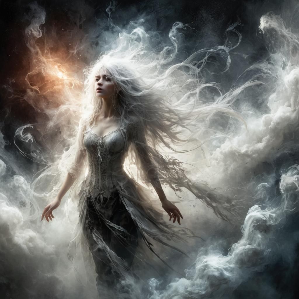 Ethereal White-Haired Woman in Dark Fantasy Style