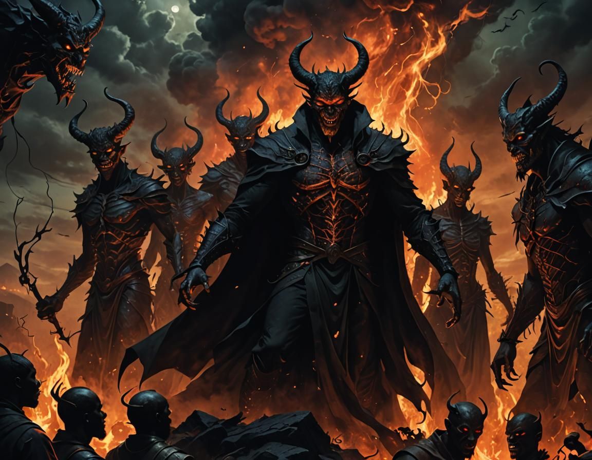 Demonic Figures in Dark Eerie Landscape, in Gothic Horror St...