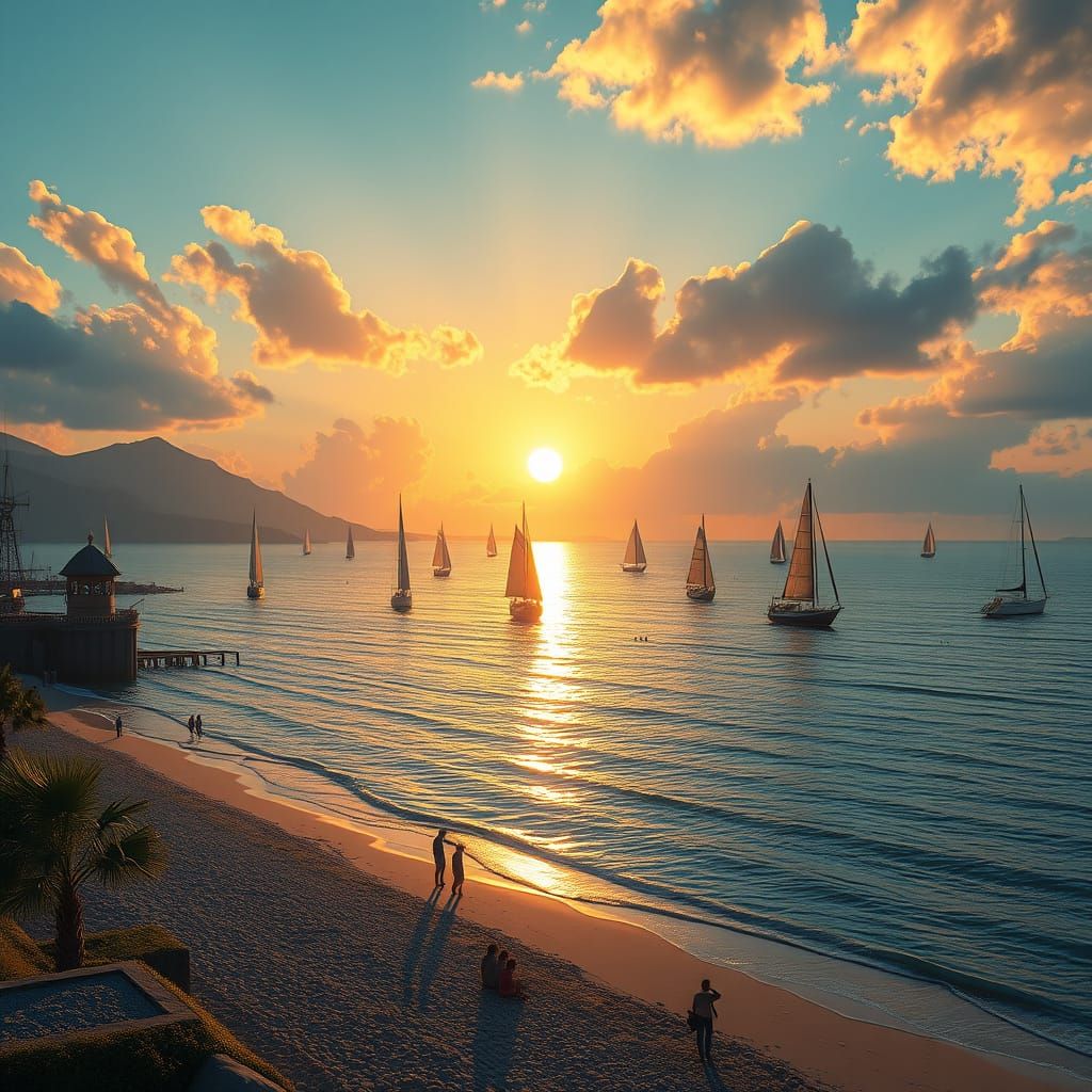 Golden Sunset Over Serene Bay: 3D Rendered Art