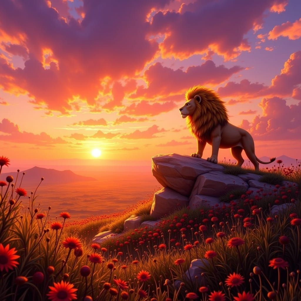 Majestic Lion on Savannah at Sunset in Bob Eggleton Style