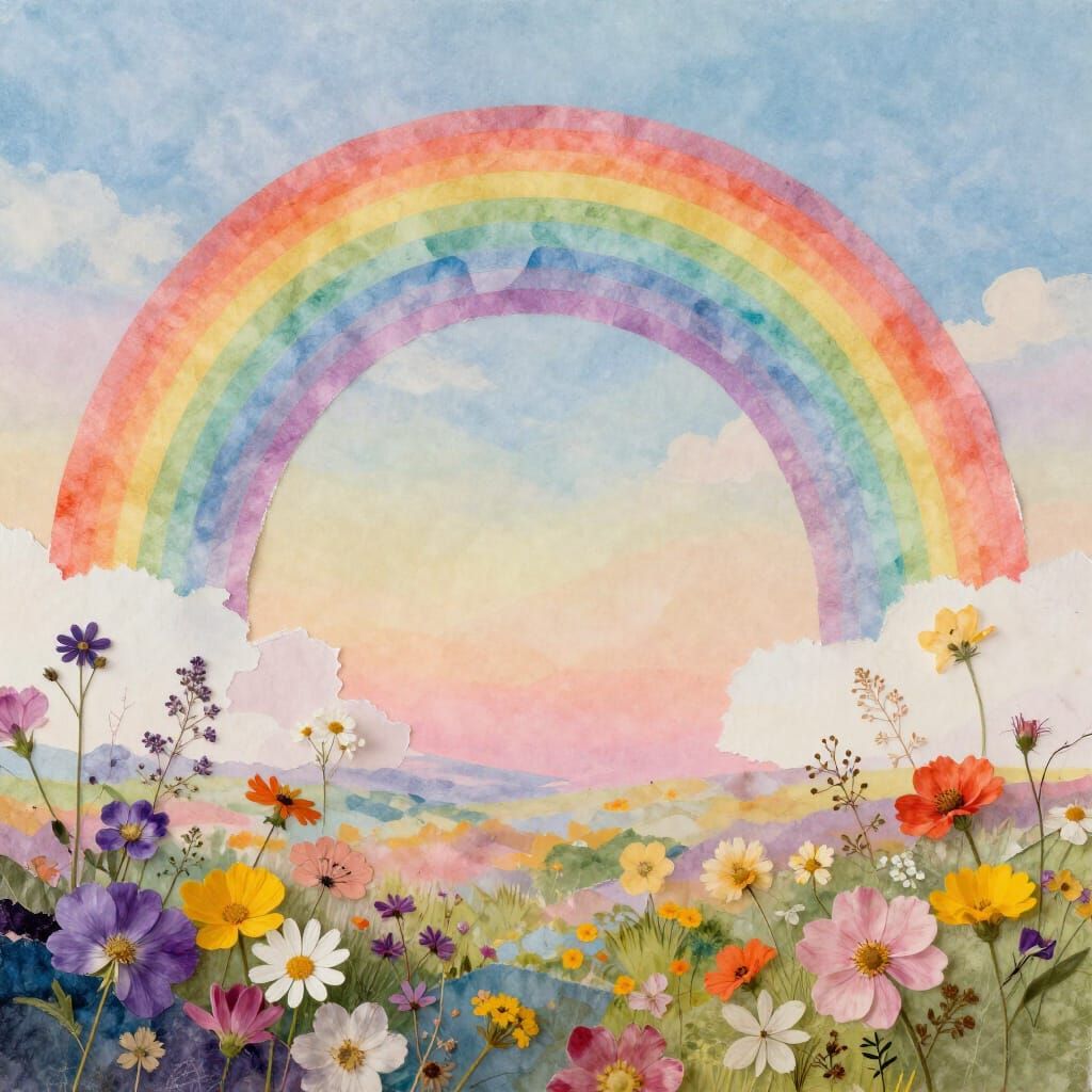 Vibrant Torn Paper Flower Collage Rainbow Landscape