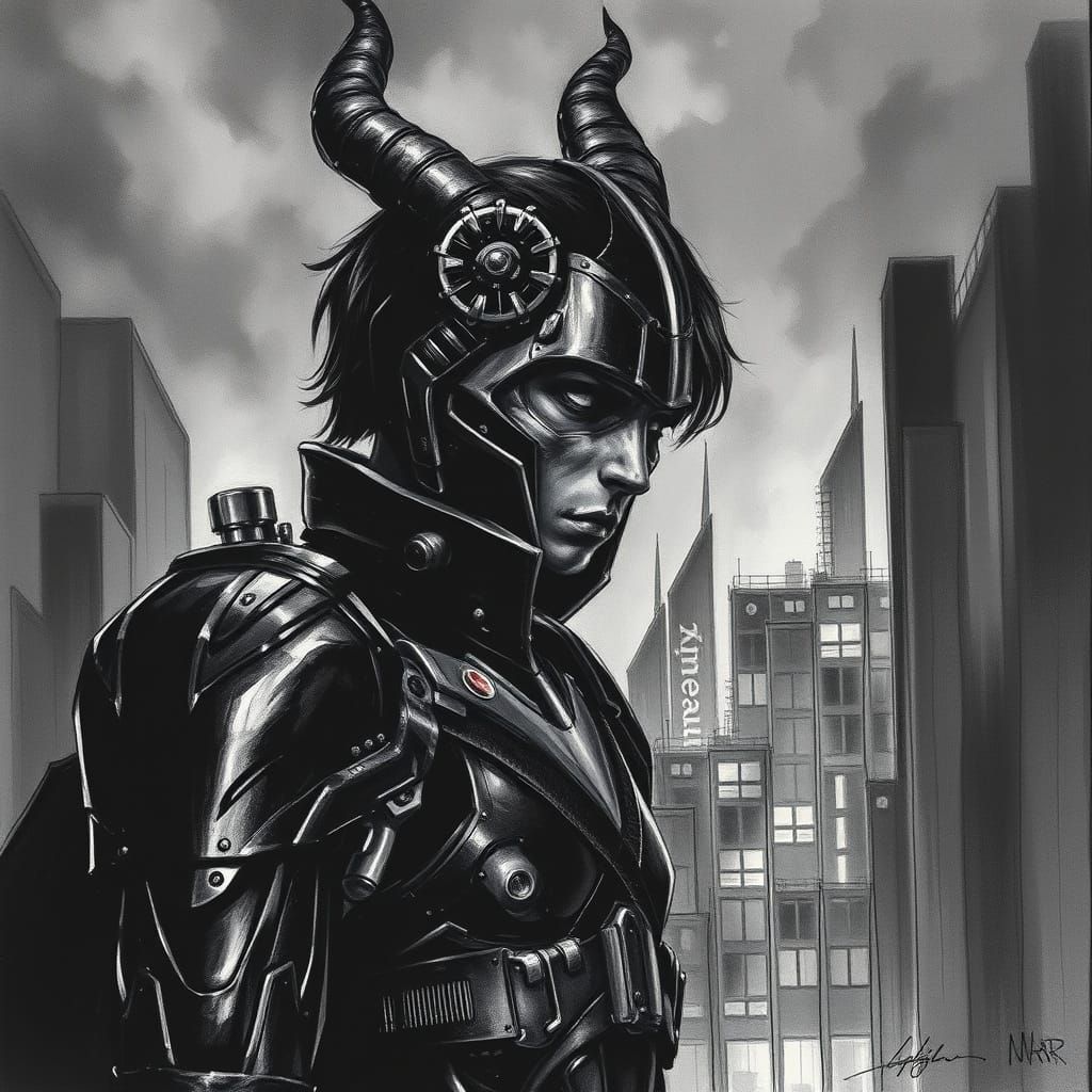 Neo-Noir Cyberpunk Cityscape with Devil Armor