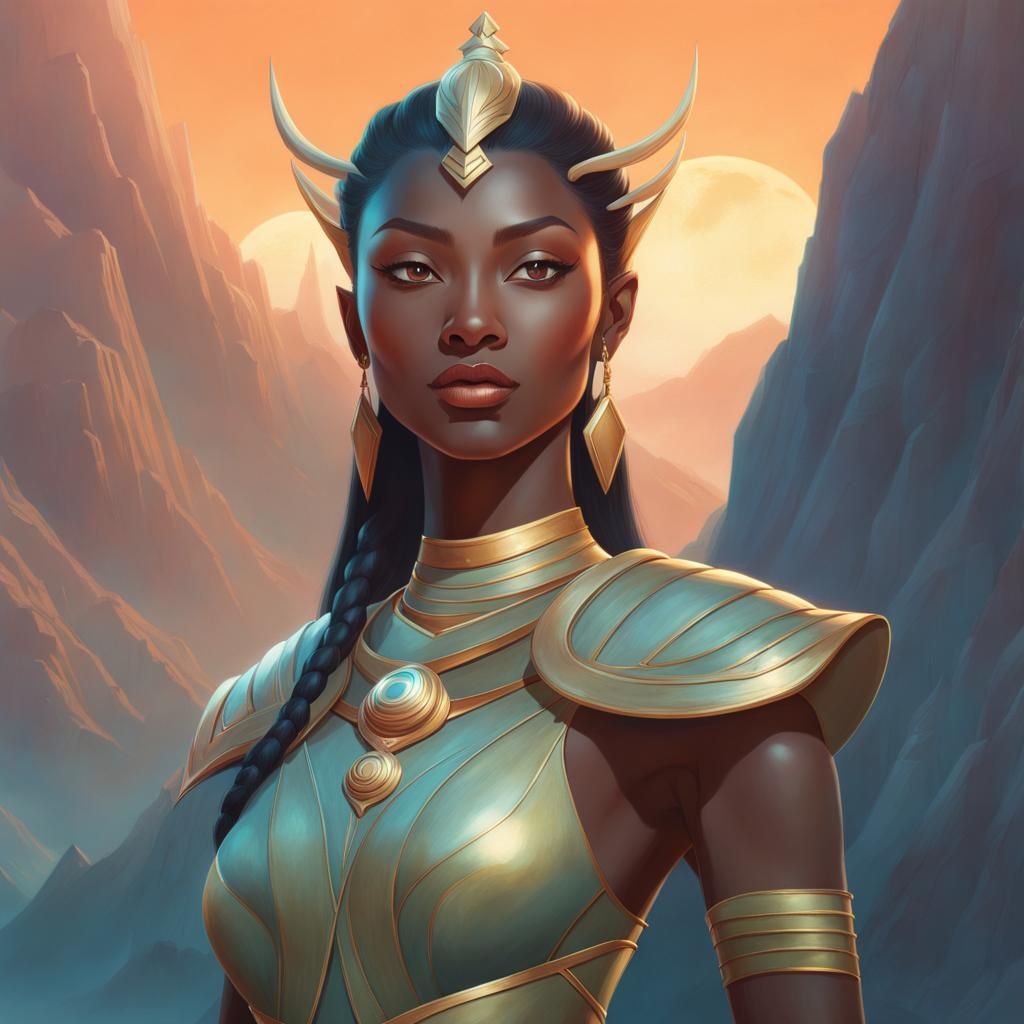 Black Elf Warrior Goddess Portrait in Vintage Style