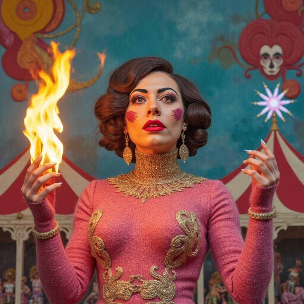 Surreal Flame Eater Under the Big Top in Vibrant Wool Portra...