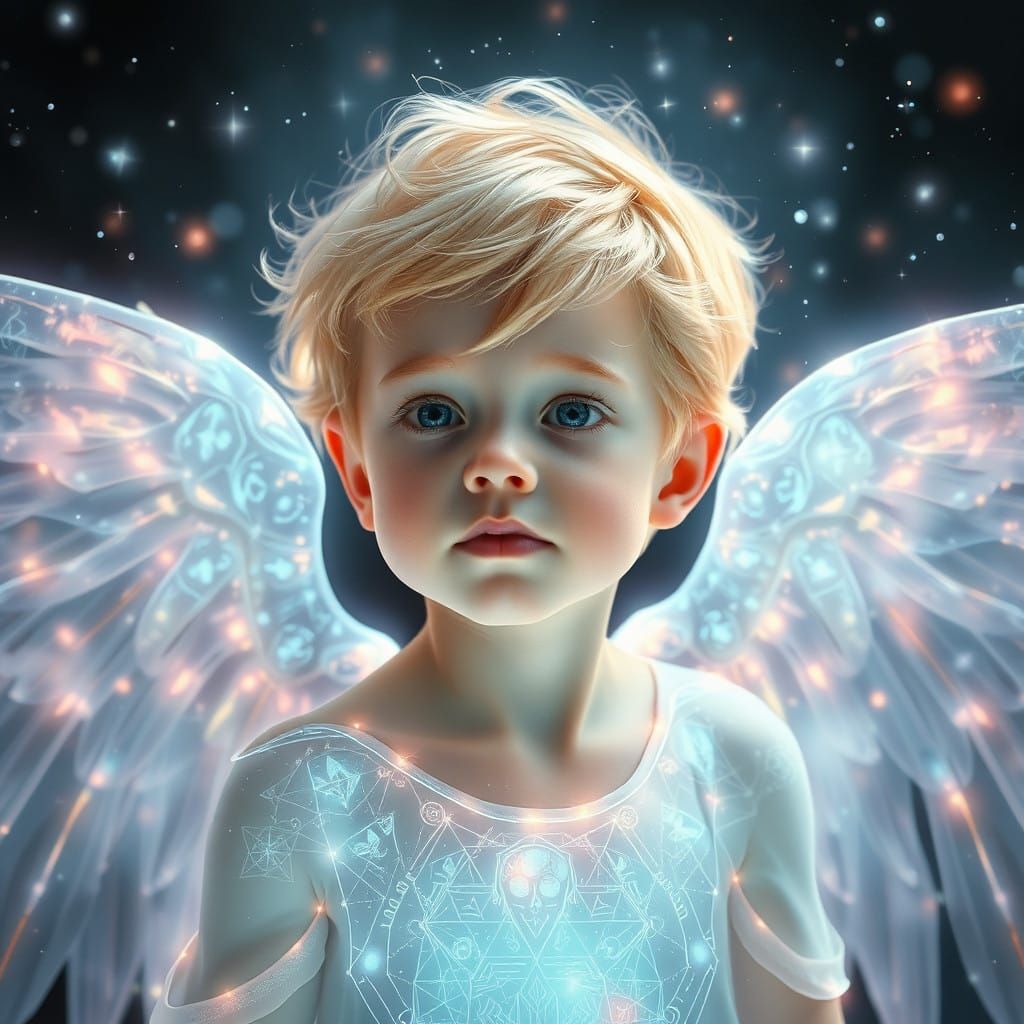 Angel Boy Radiates Heavenly Light with Shimmering Wings and...
