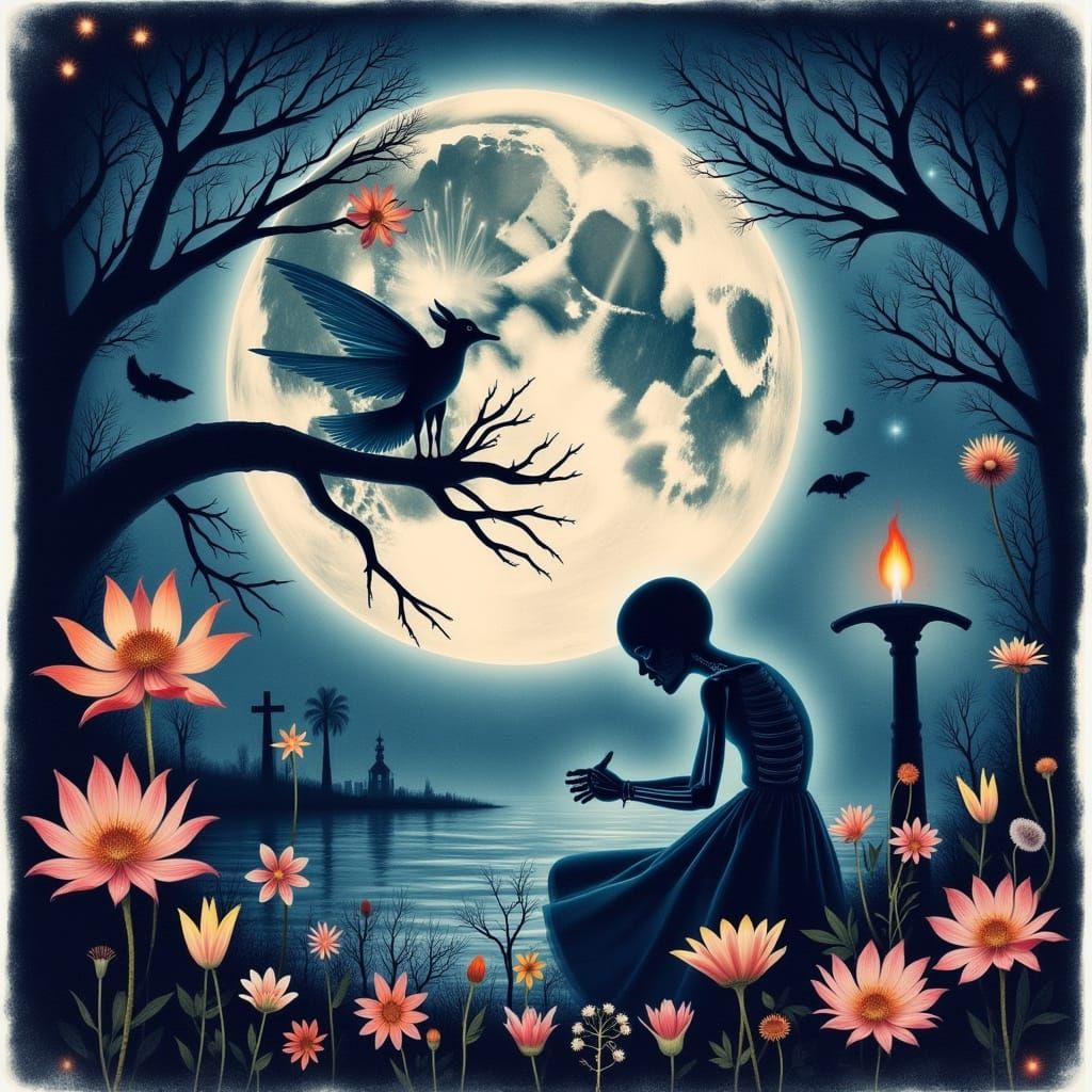 Ethereal Moonlit Scene in Watercolor Style