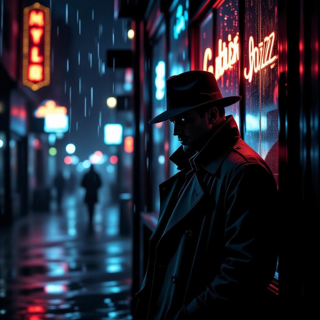 Film Noir Detective in Rainy Jazz Club