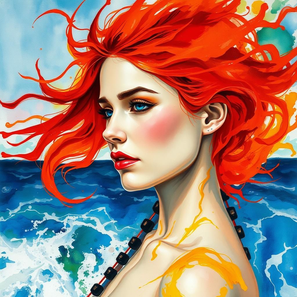 Woman with Red Hair at Stormy Sea, Abstract Painting