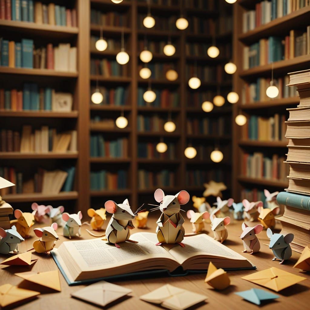 Whimsical Origami Library Scene in Soft Pastels