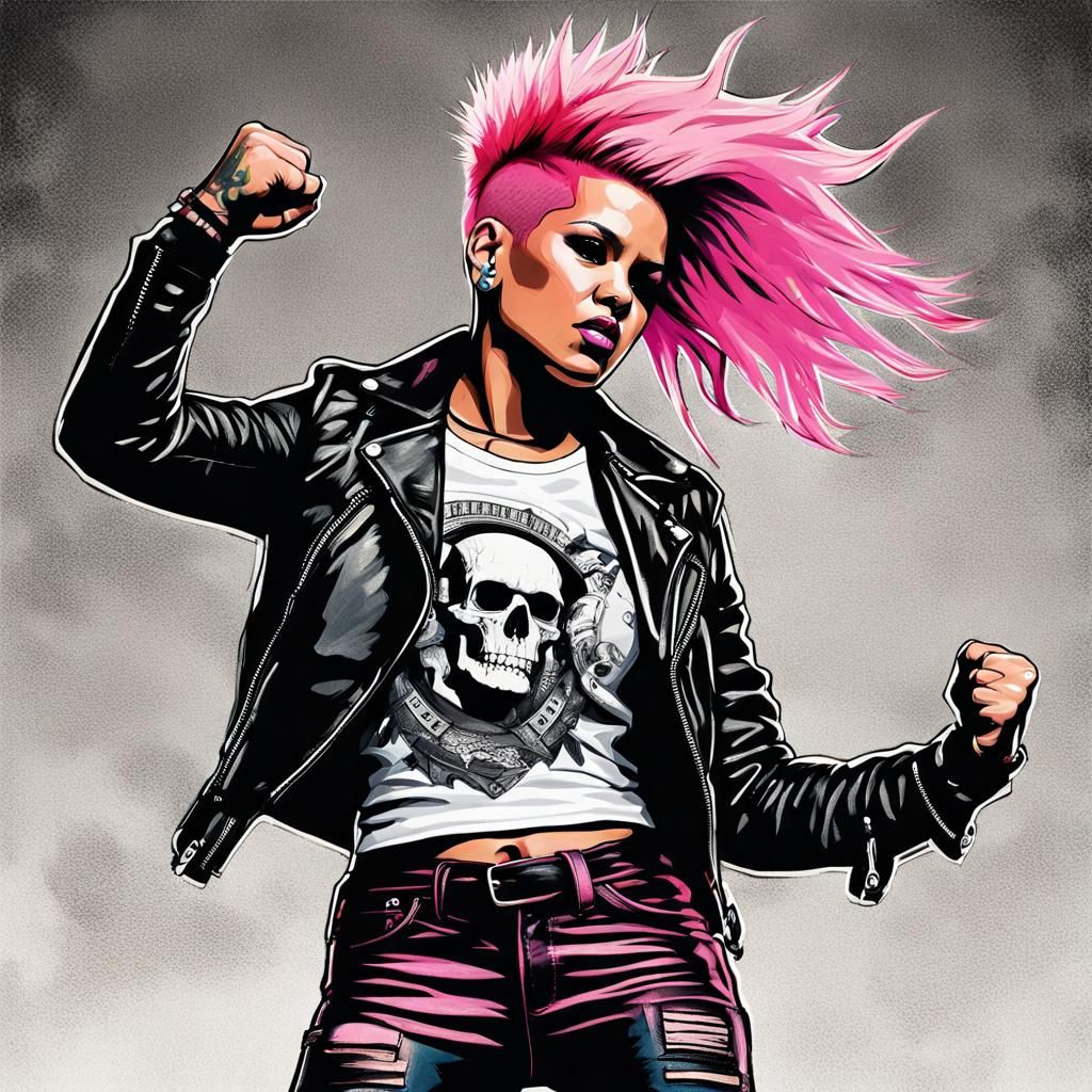 Latina Punk Singer with Tattoos, Hyperrealistic Photoillustr...