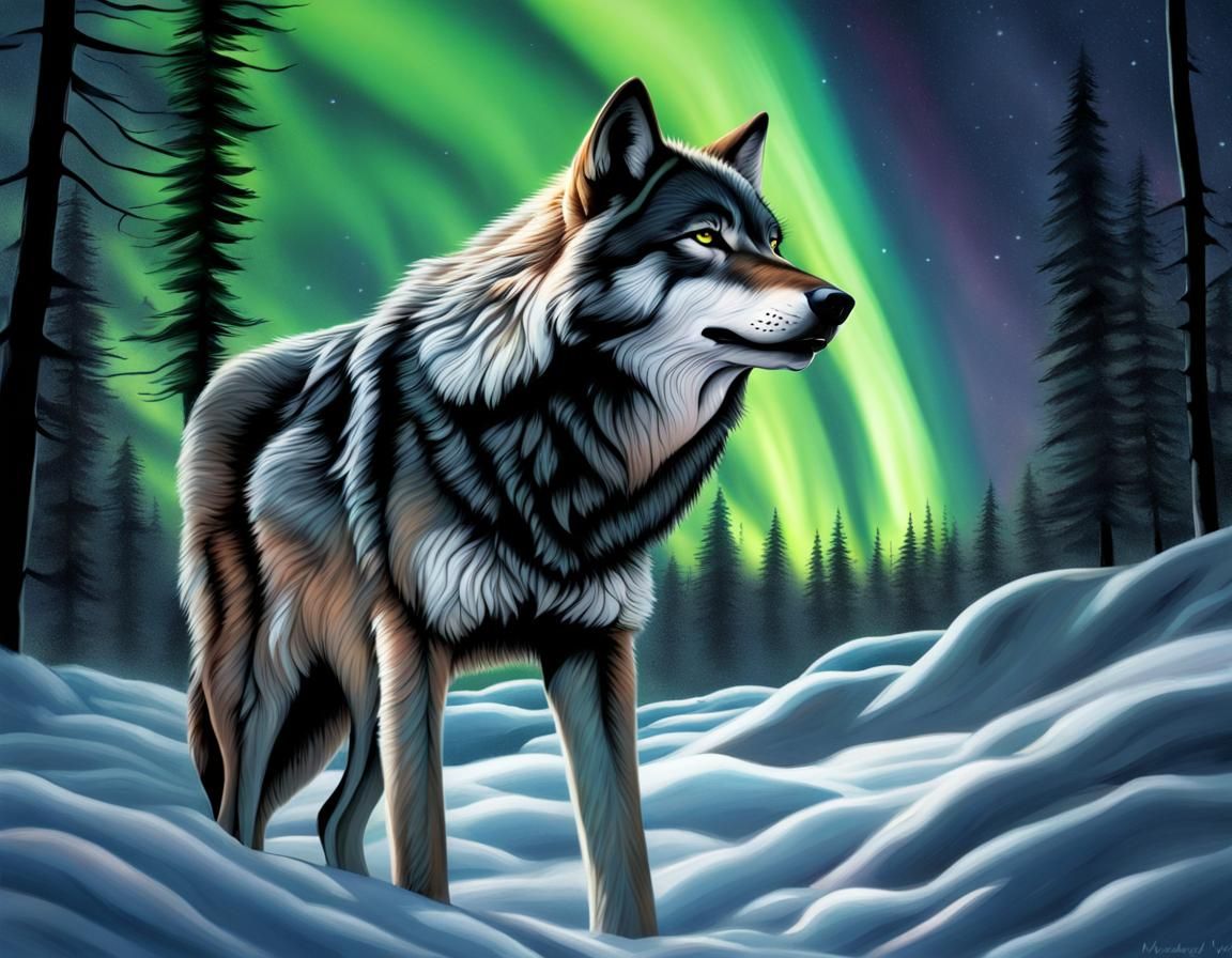 Giant Grey Wolf Howling Under Aurora Borealis