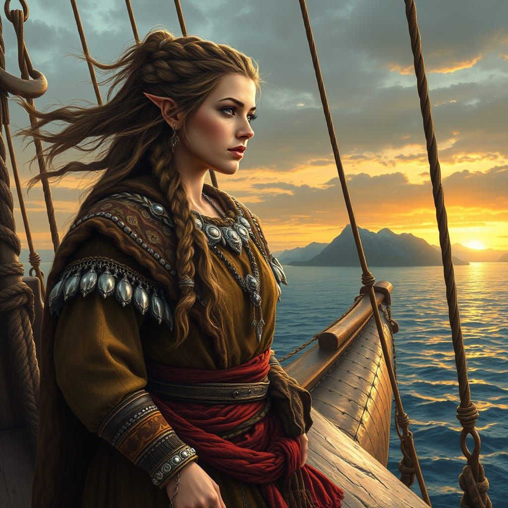 Viking Warrior Queen on Longship at Sunset