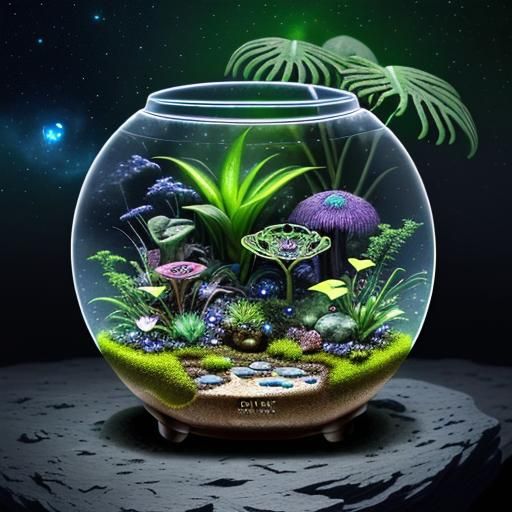 Terrarium that looks like a microcosm of an alien planet, with exotic plants and strange creatures moving among colorful...