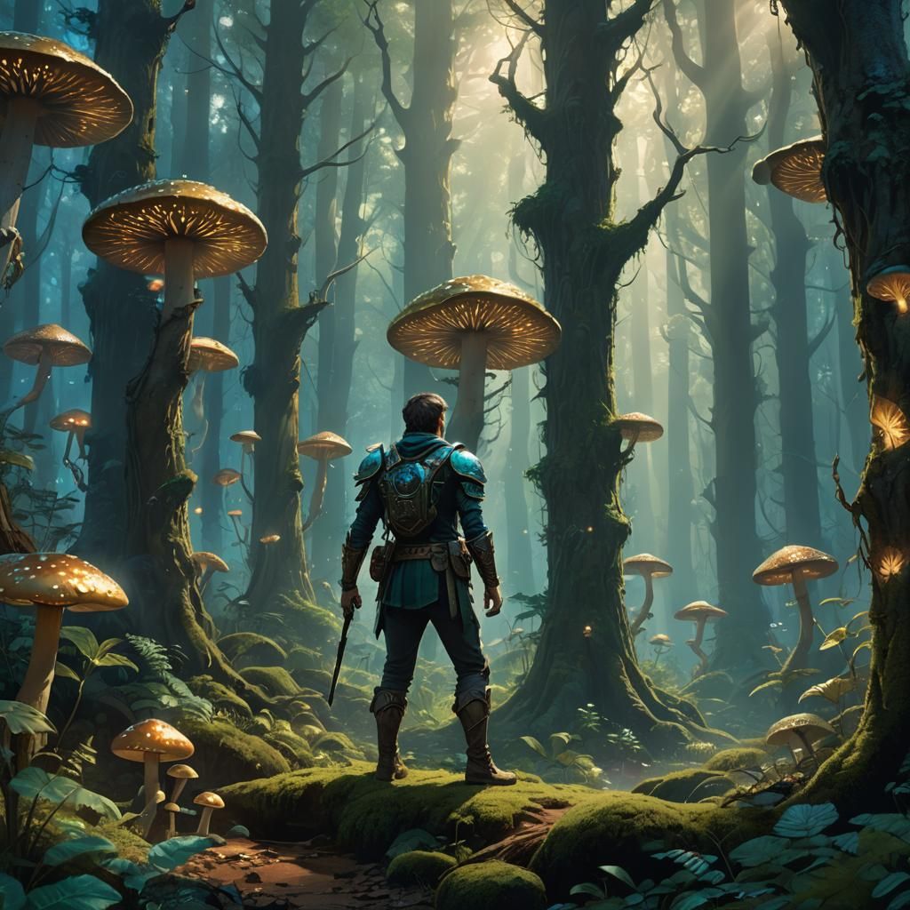 Hero in Mystical Forest with Glowing Mushrooms