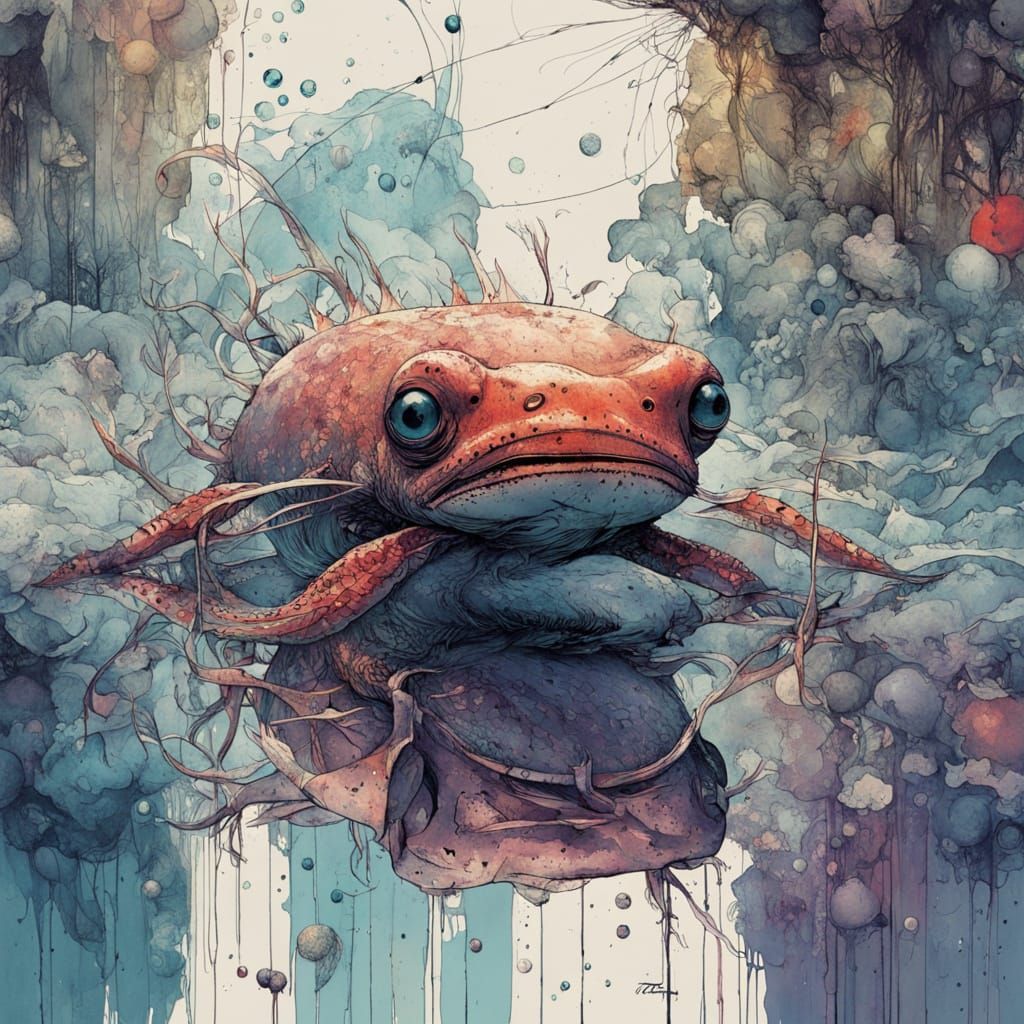 Hyper-Realistic Double Exposure of Axolotl in Underwater Won...