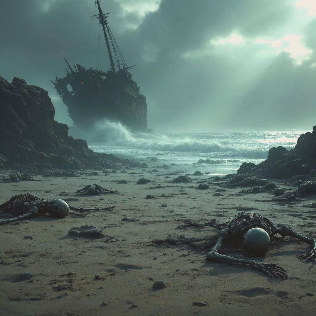 Dark Fantasy Shipwreck Scene with Human Skeletons