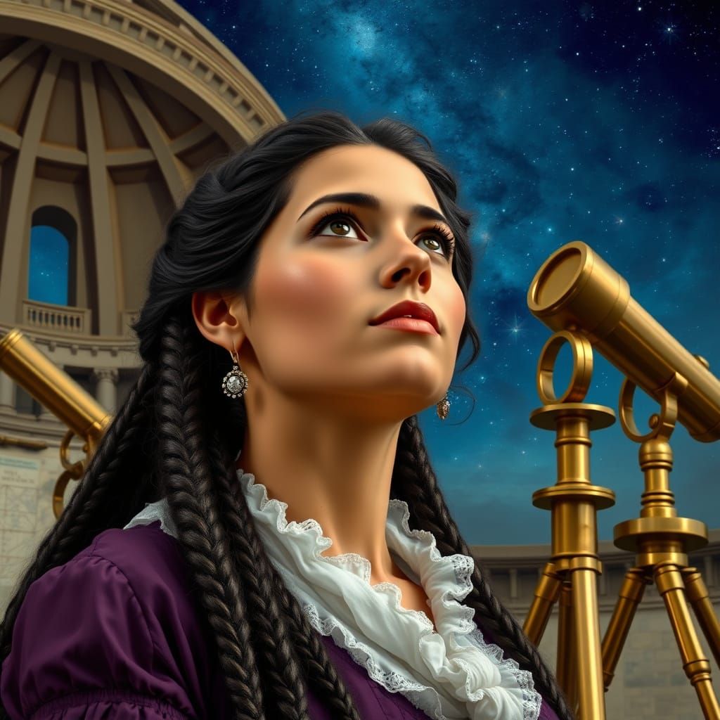 Female Astronomer Gazing at Starry Sky in Neoclassical Style